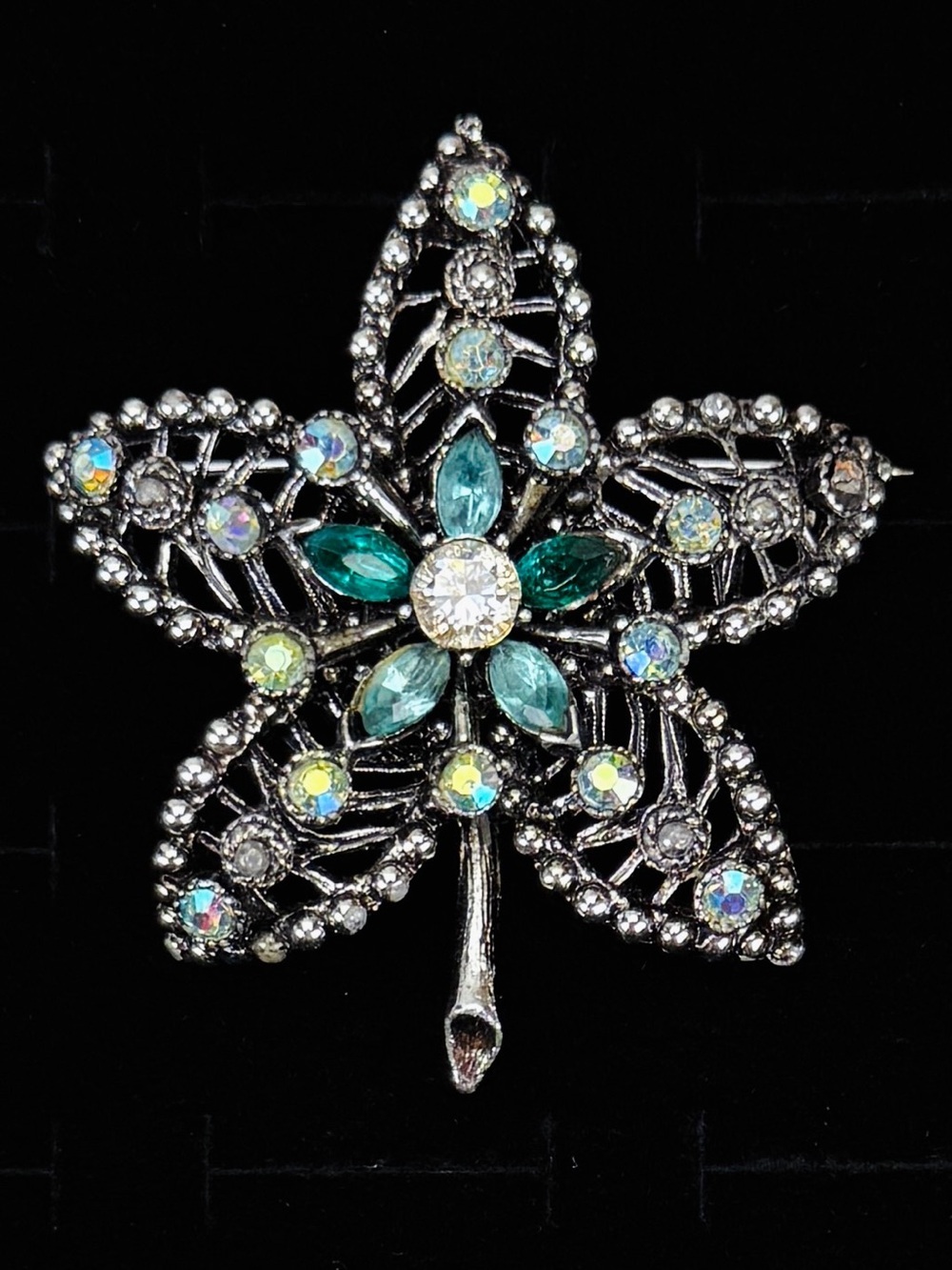 Vintage Floral Leaf Brooch with Teal and Aurora Borealis Rhinestones
